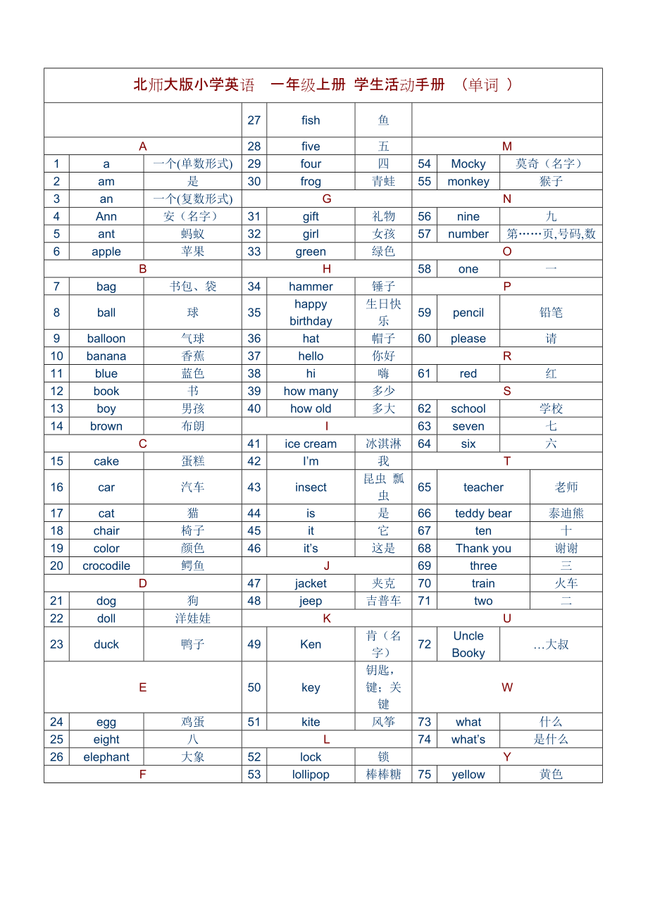 北師大版 小學(xué)一至六年級(jí) 全部英語(yǔ)單詞_第1頁(yè)