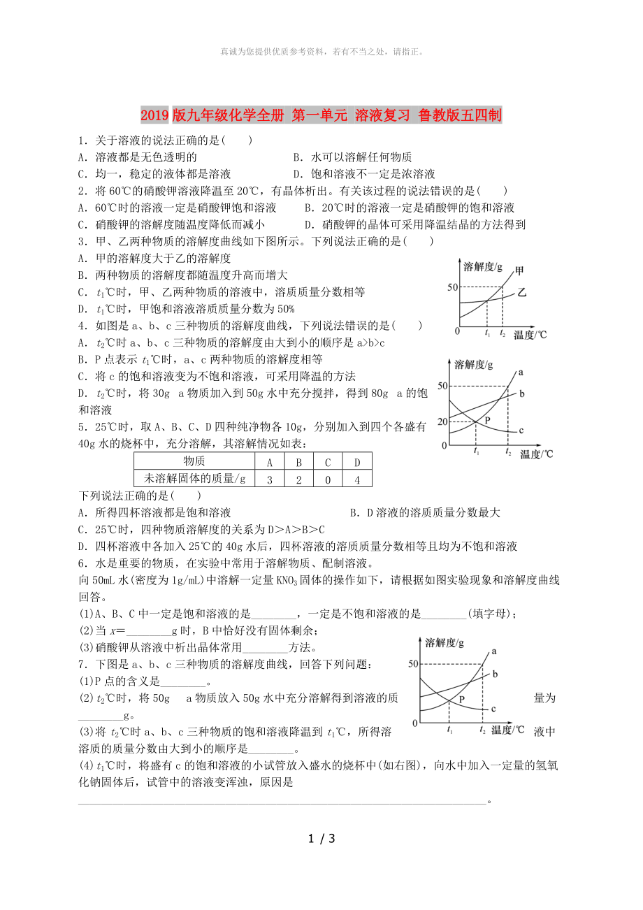 2019版九年級化學(xué)全冊 第一單元 溶液復(fù)習(xí) 魯教版五四制_第1頁