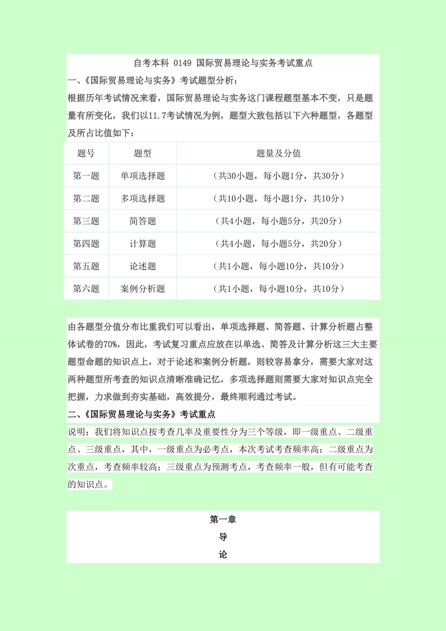 【自考】自考本科 0149 國際貿(mào)易理論與實務(wù)考試重點 老師考前劃重點【必須掌握】【內(nèi)部押題資料】_第1頁