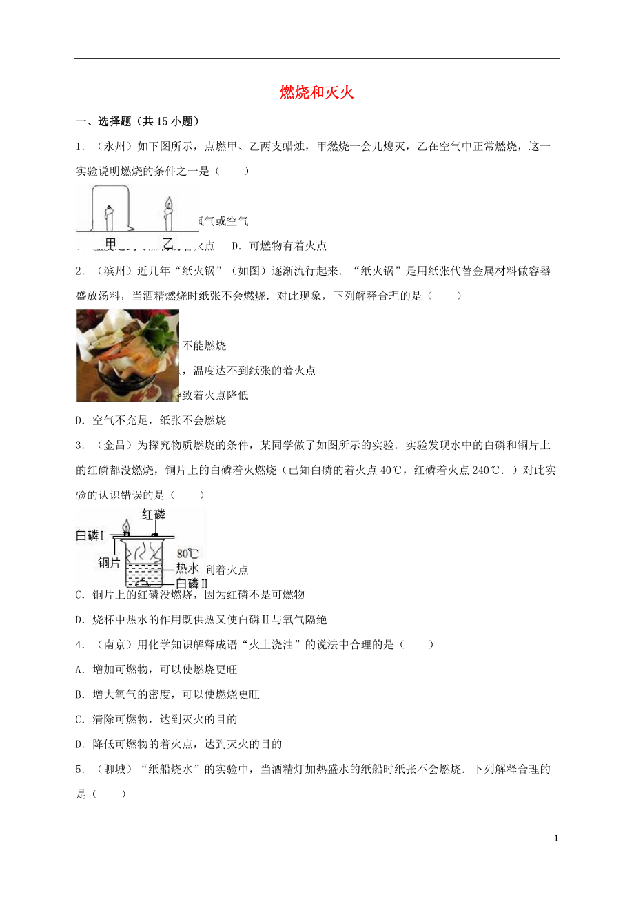 广东省中山市中考化学专题训练 燃烧和灭火（含解析）_第1页