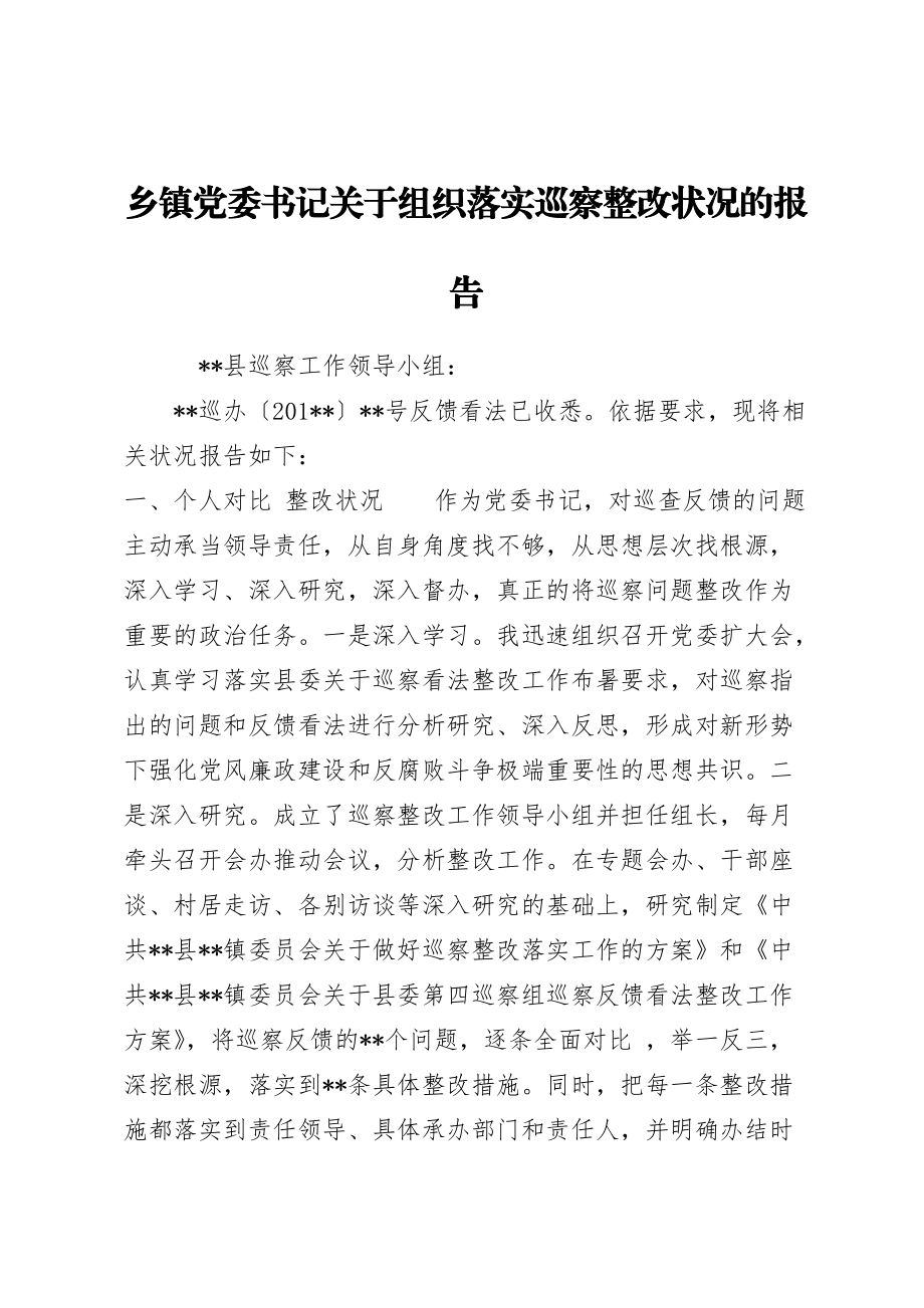 乡镇党委书记关于组织落实巡察整改情况的报告