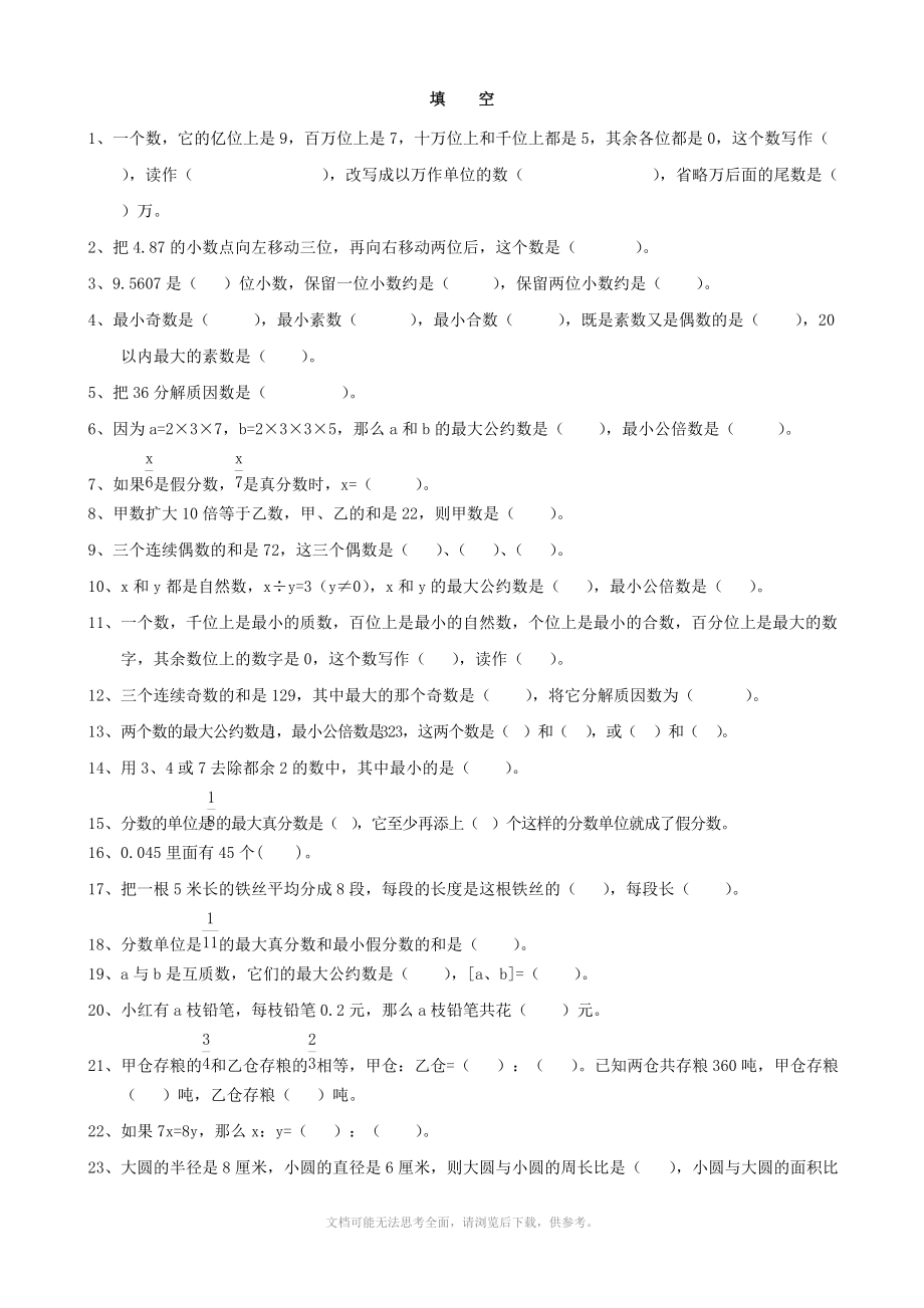 小学六年级数学 课后辅导练习题集锦(填空部分辅导题集)(数学)_第1页