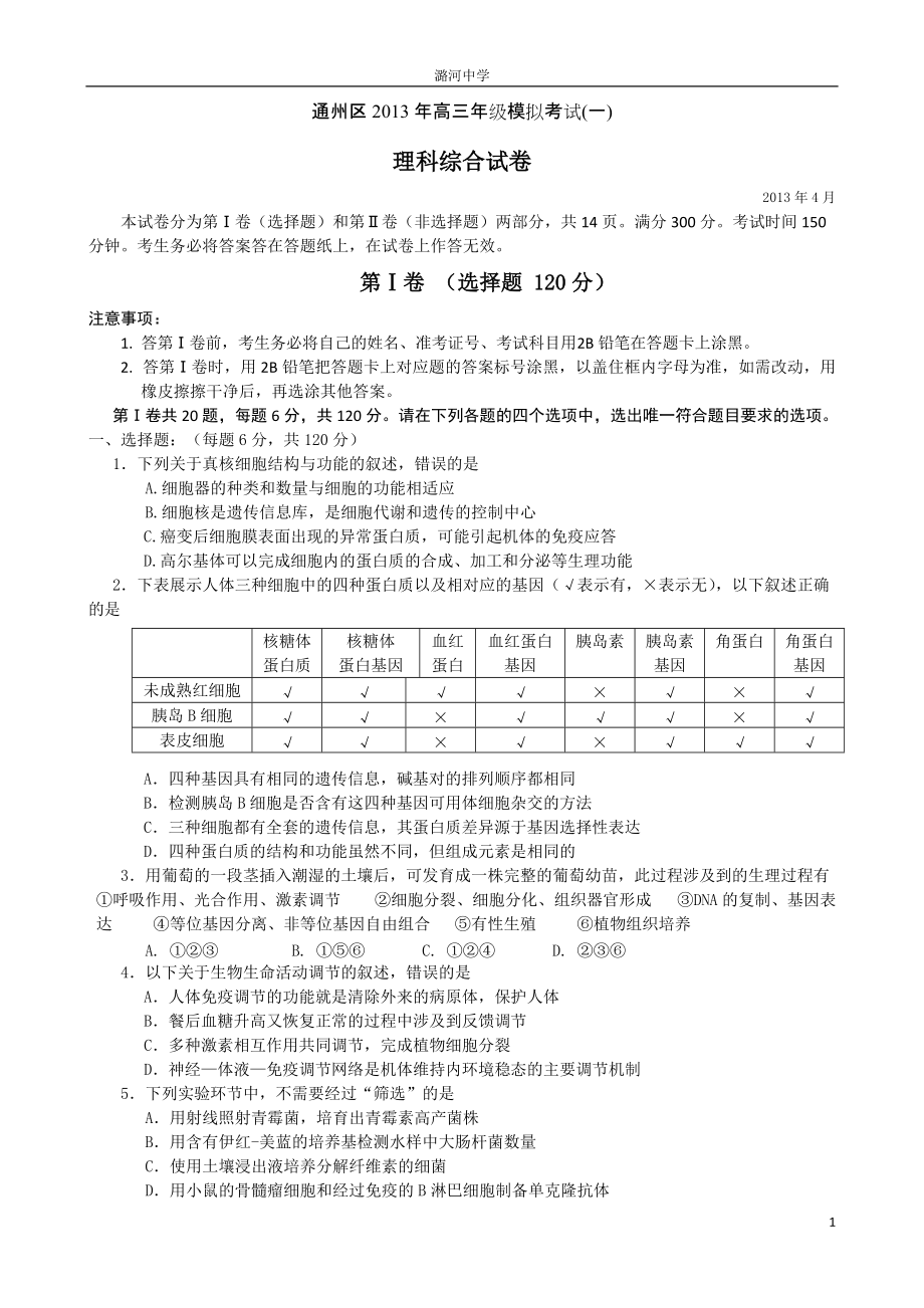 通州區(qū)一模理綜生物試題_第1頁