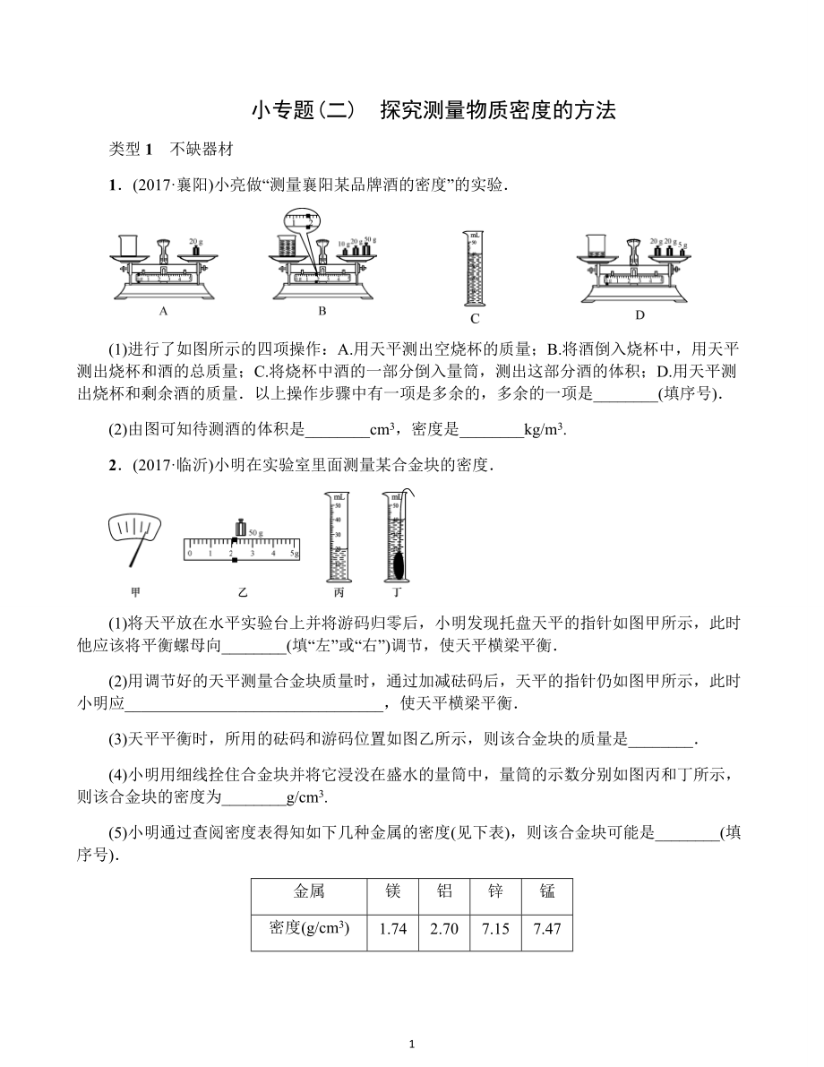 小專(zhuān)題(二) 探究測(cè)量物質(zhì)密度的方法_第1頁(yè)