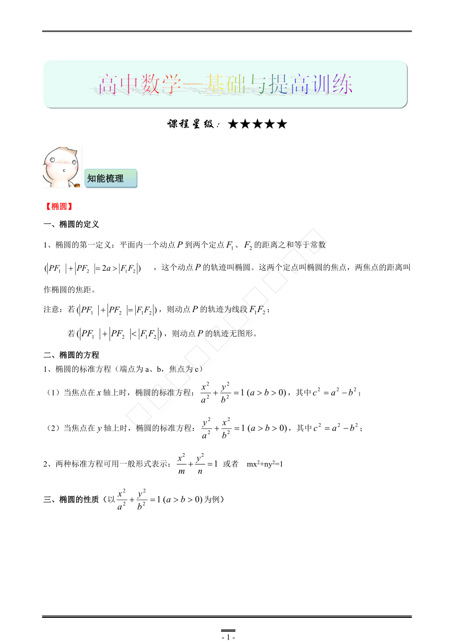 圆锥曲线 椭圆 双曲线 抛物线 知识点总结 例题习题精讲_第1页