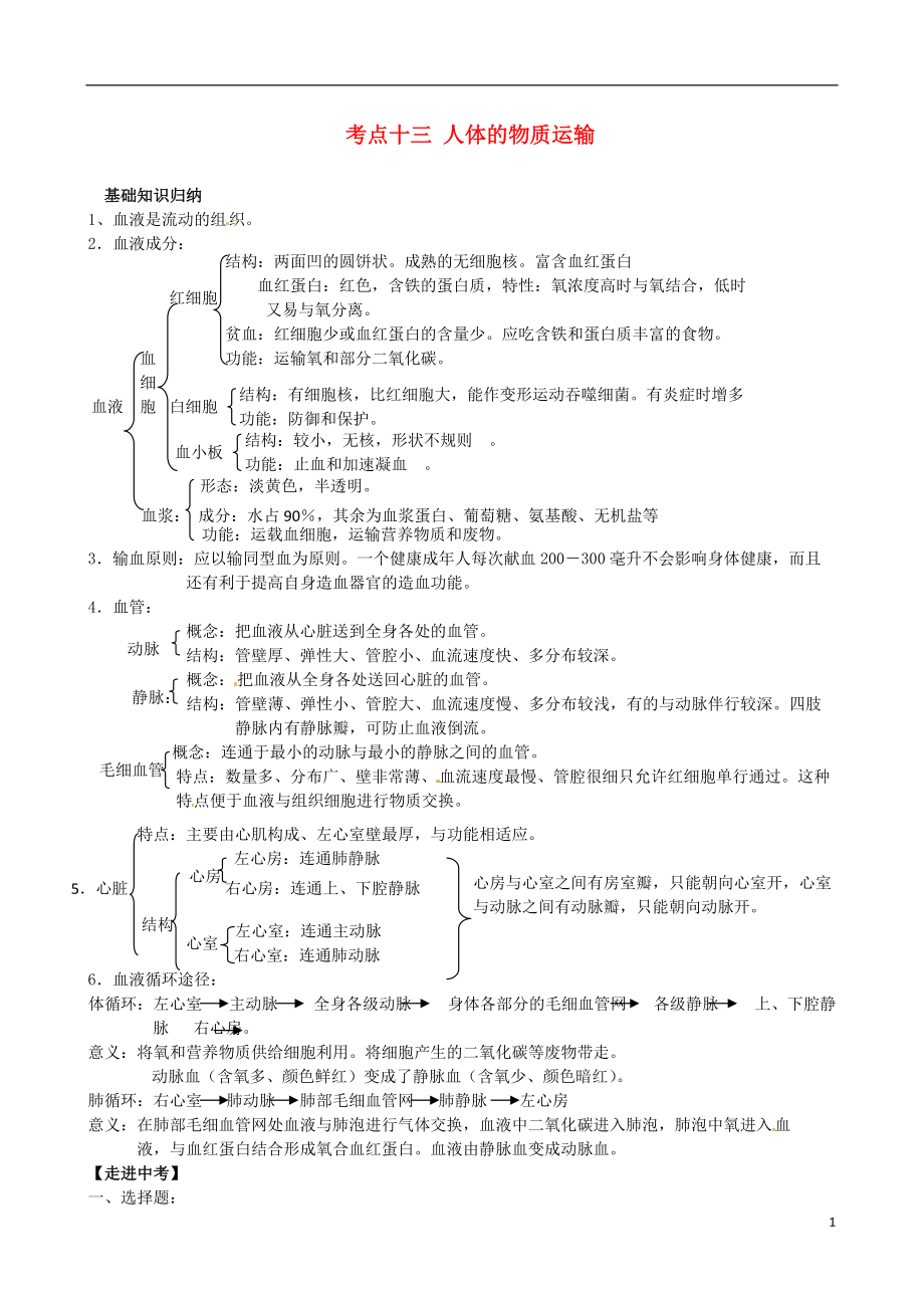 中考生物 考點(diǎn)十三 人體的物質(zhì)運(yùn)輸復(fù)習(xí)教學(xué)案（無答案）_第1頁