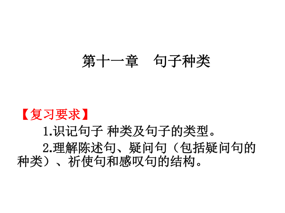 2019屆高職高考英語總復(fù)習(xí)課件：第一部分第十一章 句子種類 (共31.ppt)_第1頁(yè)