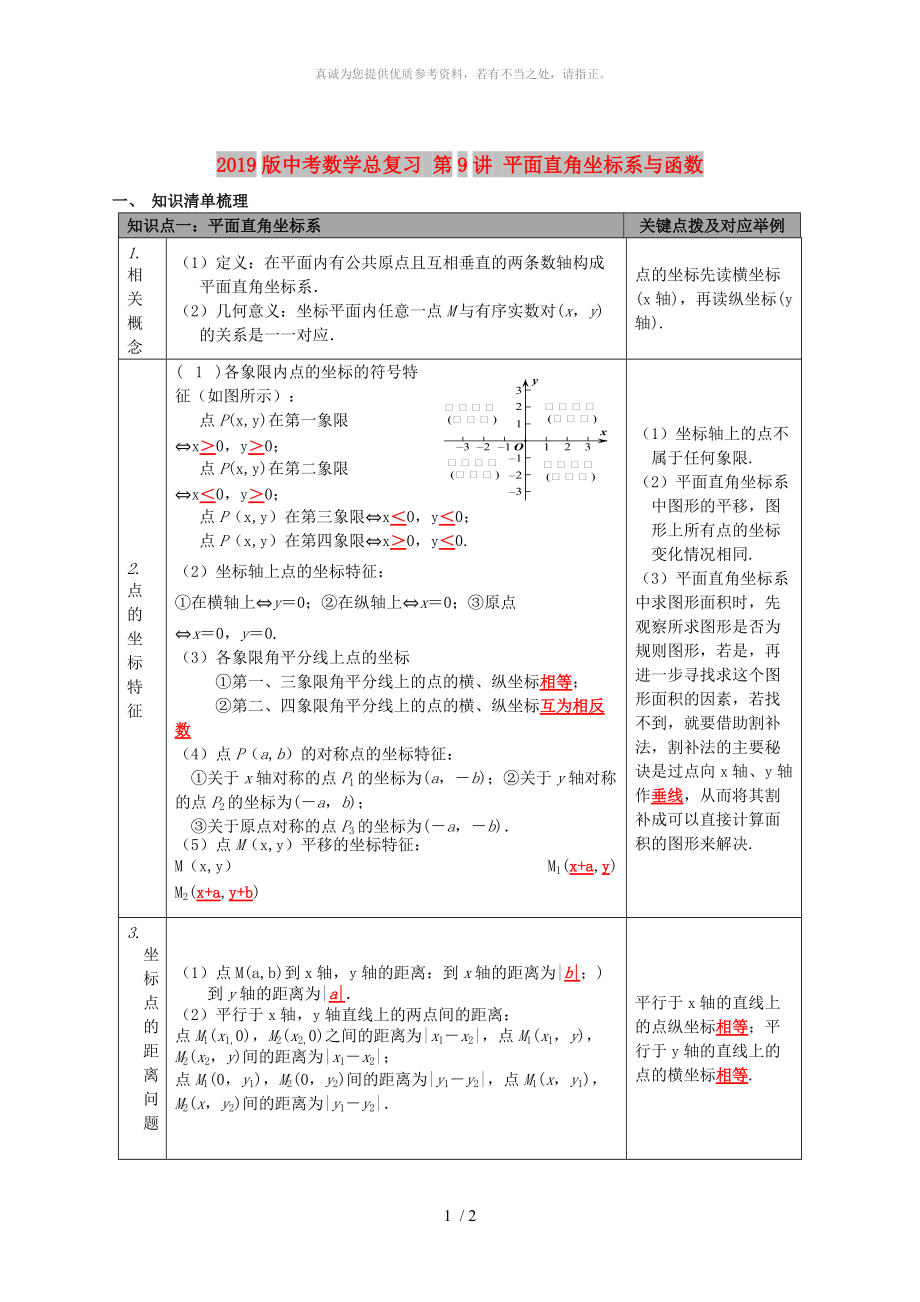 2019版中考数学总复习 第9讲 平面直角坐标系与函数_第1页