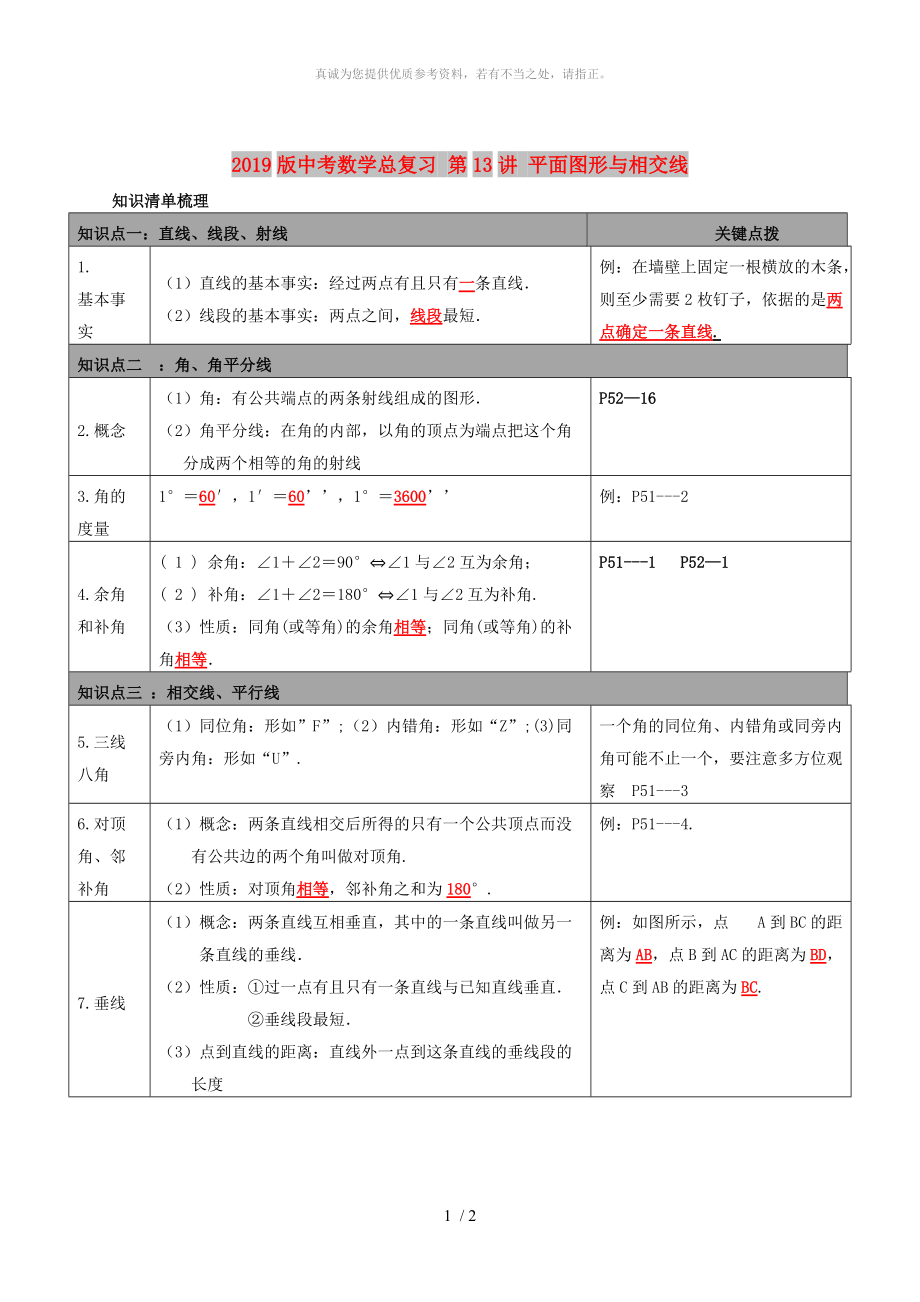 2019版中考數(shù)學(xué)總復(fù)習(xí) 第13講 平面圖形與相交線_第1頁