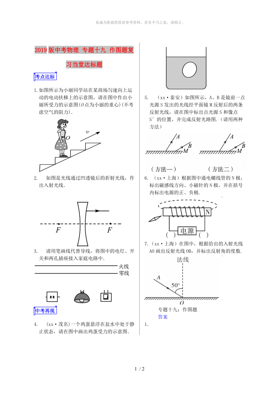 2019版中考物理 專題十九 作圖題復(fù)習當堂達標題_第1頁