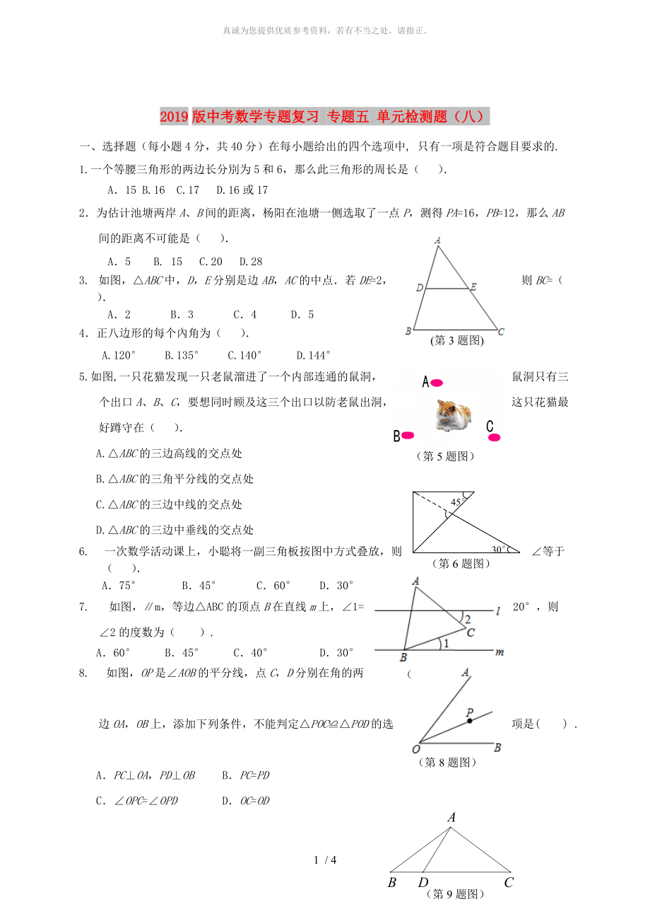 2019版中考數(shù)學(xué)專(zhuān)題復(fù)習(xí) 專(zhuān)題五 單元檢測(cè)題（八）_第1頁(yè)