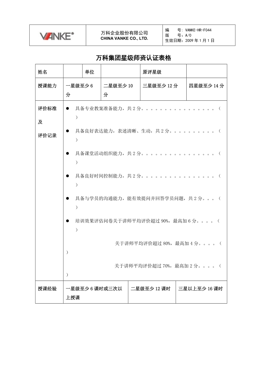 星级师资认证表格万科地产HR手册_第1页