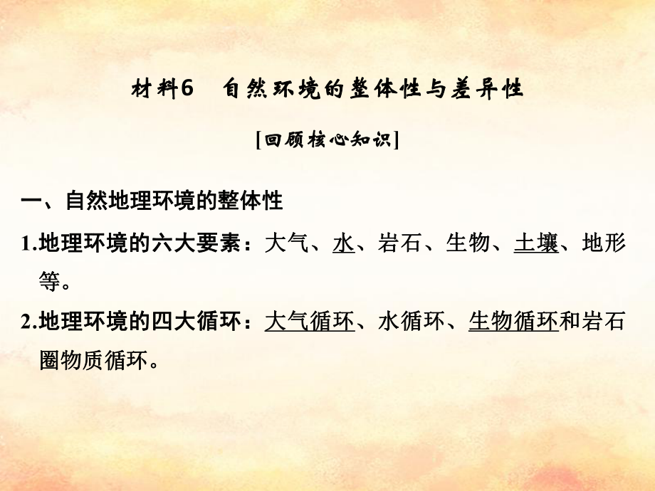 （全国通用）高考地理二轮复习 第四部分 考前静悟材料 材料6 自然环境的整体性与差异性课件_第1页