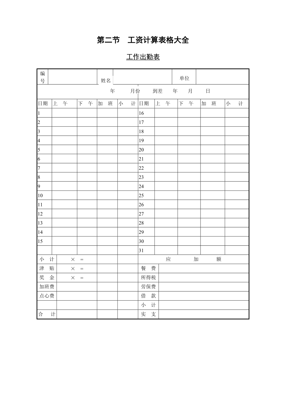 工资计算常用表格汇编