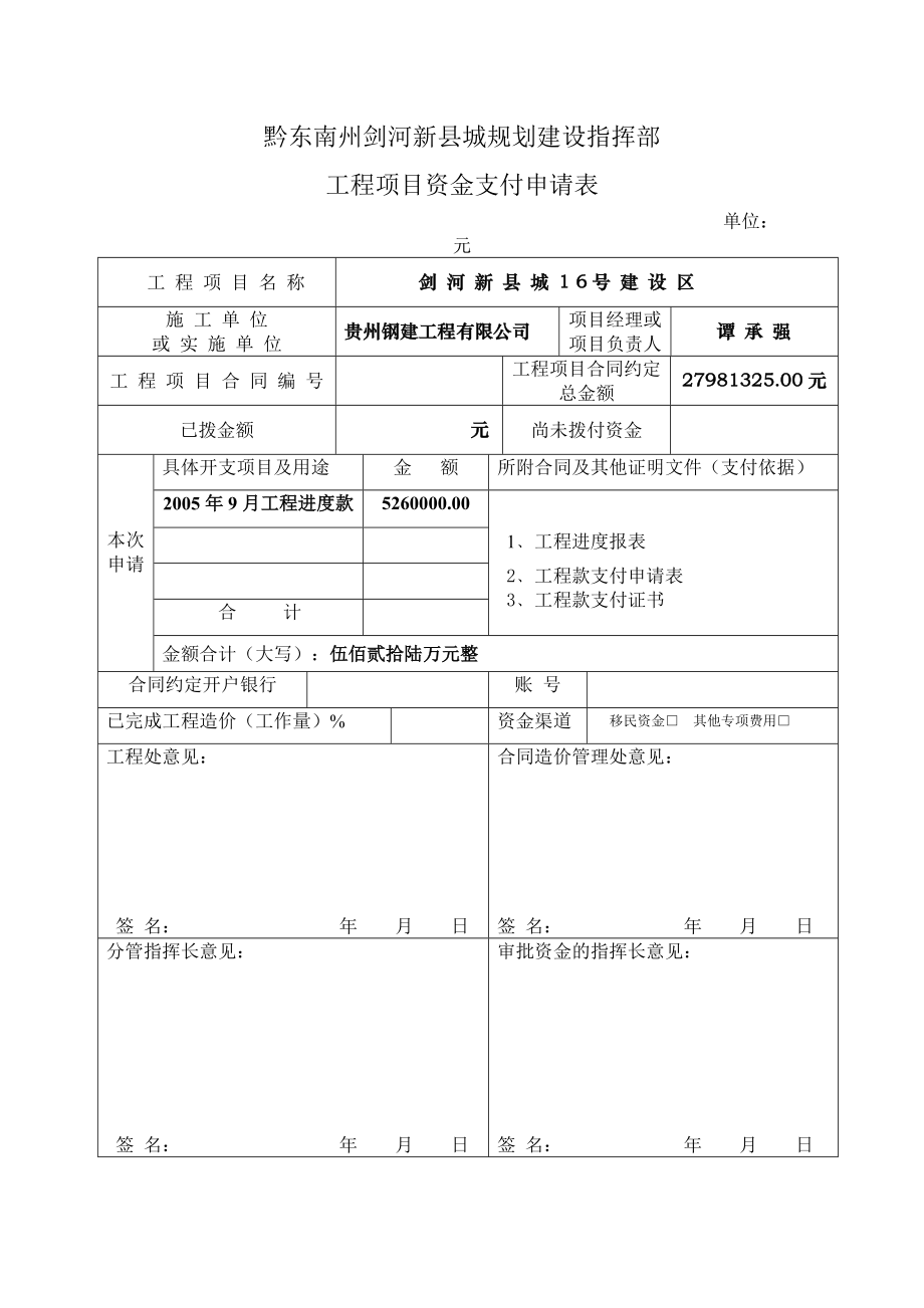 工程項目資金支付申請表