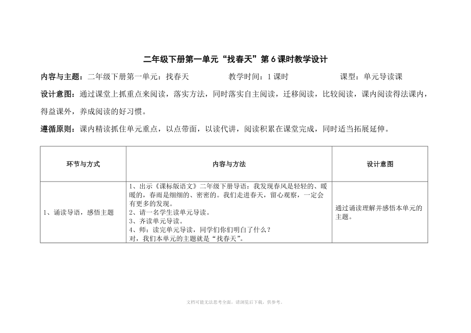 主题阅读教学二年级下册第一单元《找春天》教学设计_第1页