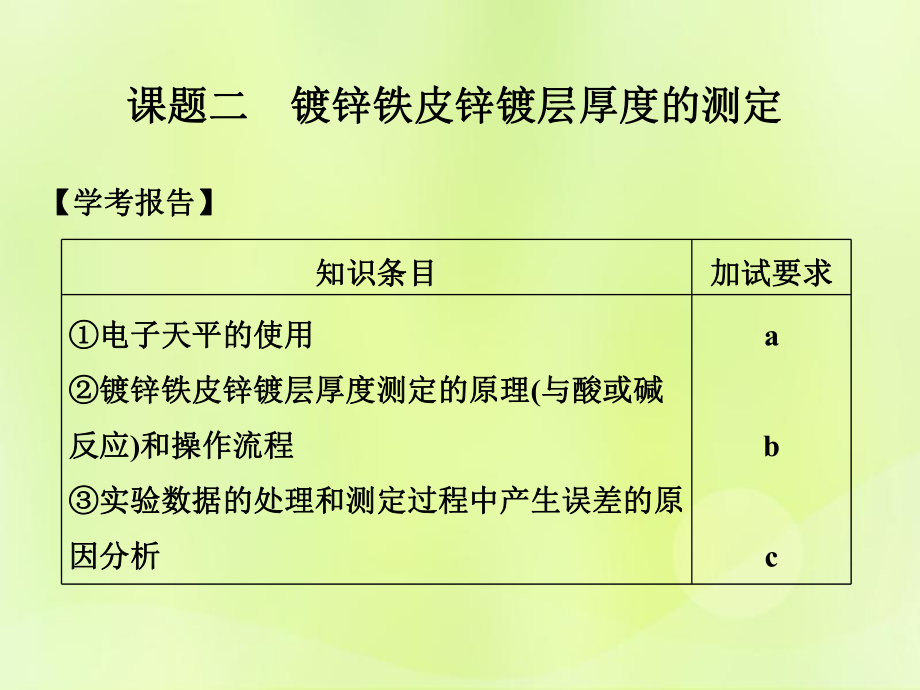 高中化學(xué) 專題6 物質(zhì)的定量分析 課題二 鍍鋅鐵皮鋅鍍層厚度的測定課件 蘇教選修6_第1頁