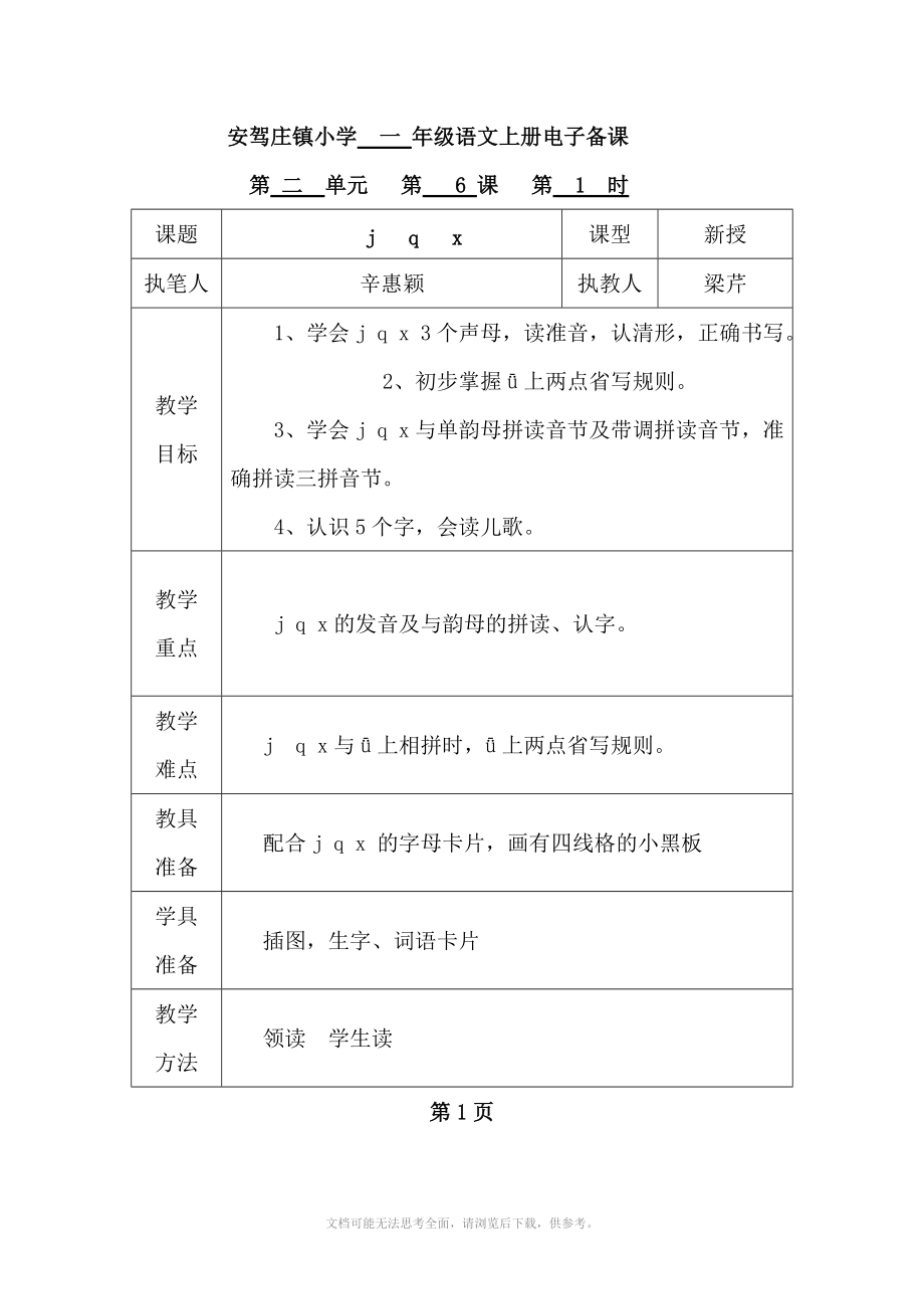 一年級語文漢語拼音j q x備課_第1頁