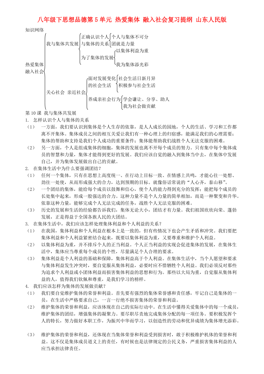 八年級(jí)下思想品德第5單元 熱愛(ài)集體 融入社會(huì)復(fù)習(xí)提綱 山東人民版_第1頁(yè)