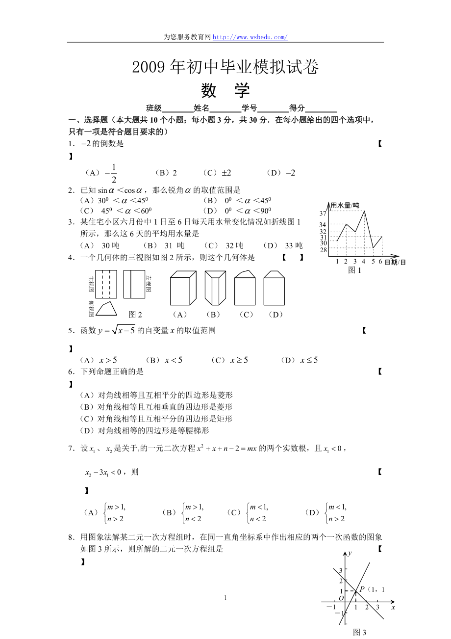 南通地区数学初中毕业模拟试卷1(含答案)_第1页