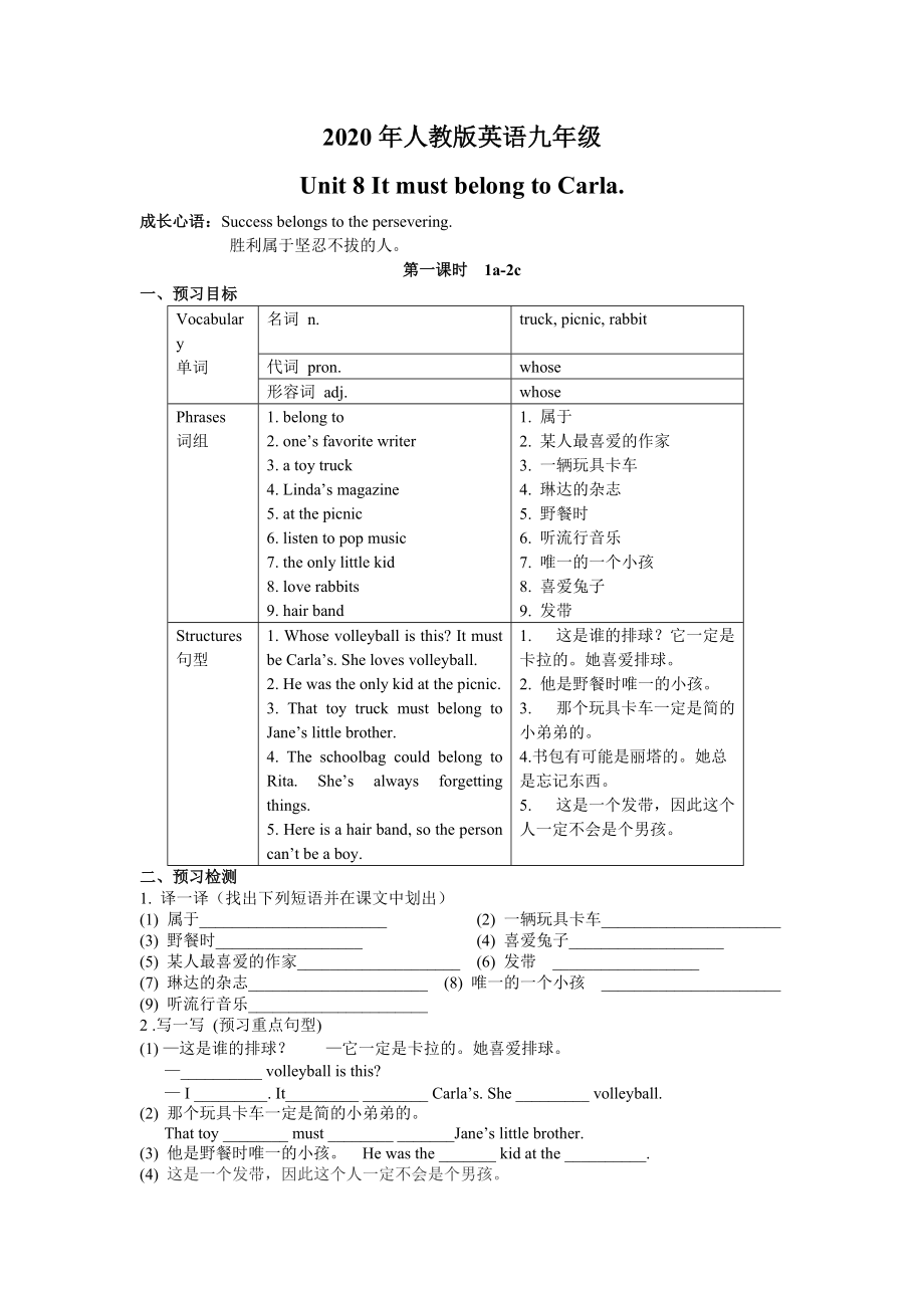 2020年人教版英语九年级Unit8全单元导学案（无答案）2_第1页