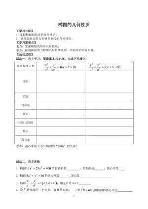 2020屆高考數(shù)學高三一輪復習文科數(shù)學：橢圓性質(zhì) 導學案（無答案）