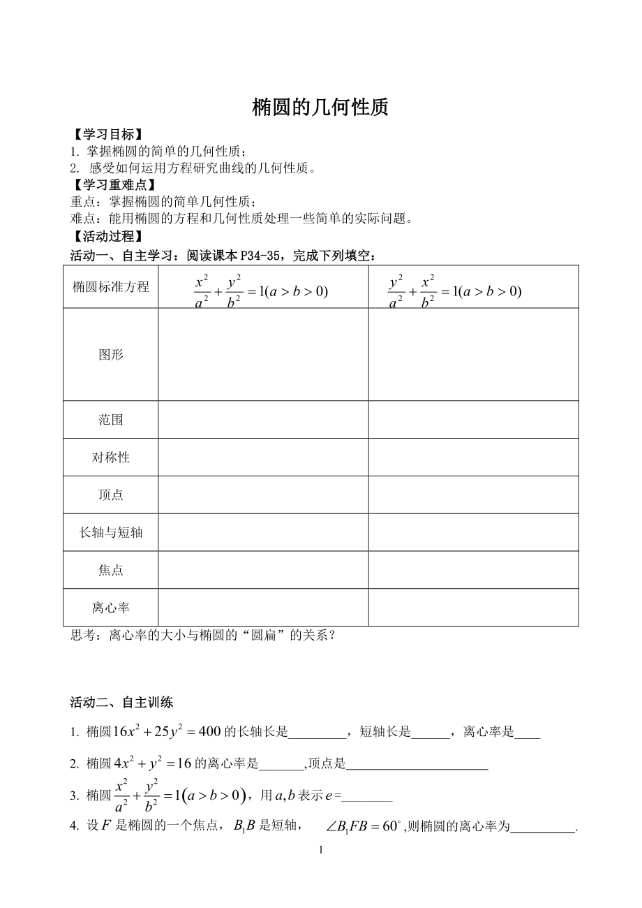 2020屆高考數學高三一輪復習文科數學：橢圓性質 導學案（無答案）_第1頁