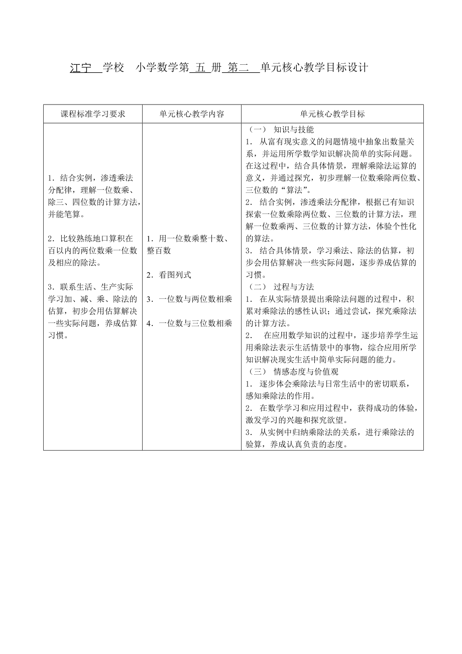 江宁学校小学数学第五册第二单元核心教学目标设计_第1页