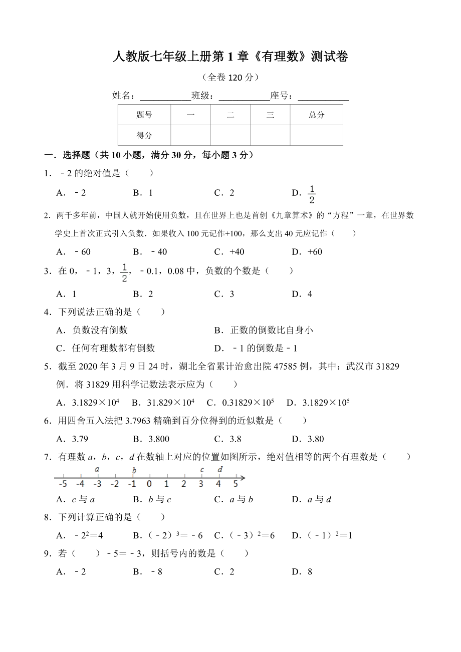 人教版七年級上冊 第1章《有理數(shù)》測試卷(含答案)_第1頁