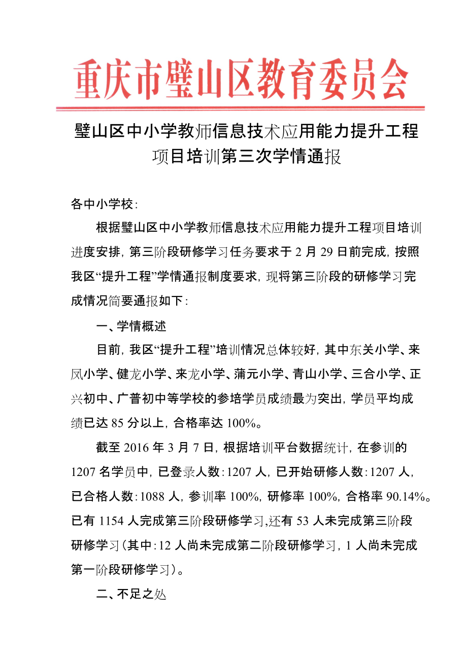 璧山区中小学教师息技术应用能力提升工程项目培训第三次学情通报2_第1页