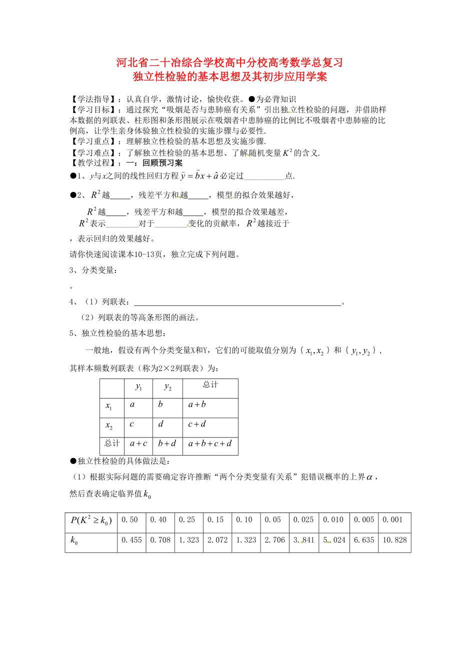 河北省二十冶綜合學(xué)校高考數(shù)學(xué)總復(fù)習(xí) 獨(dú)立性檢驗(yàn)的基本思想及其初步應(yīng)用學(xué)案_第1頁(yè)