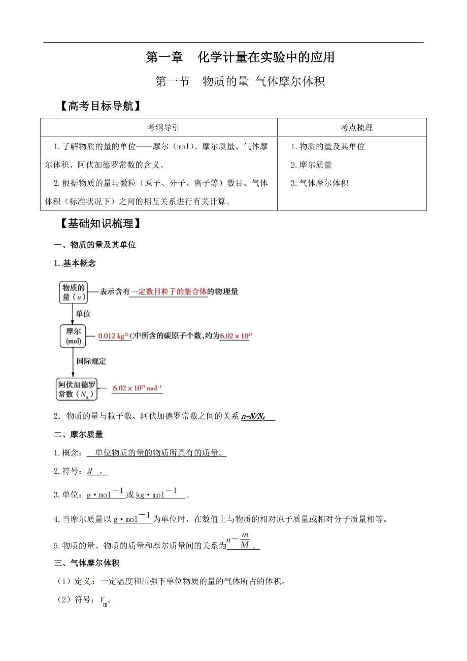 化学学案：1.2物质的量在化学实验中的应用(必修1)_第1页