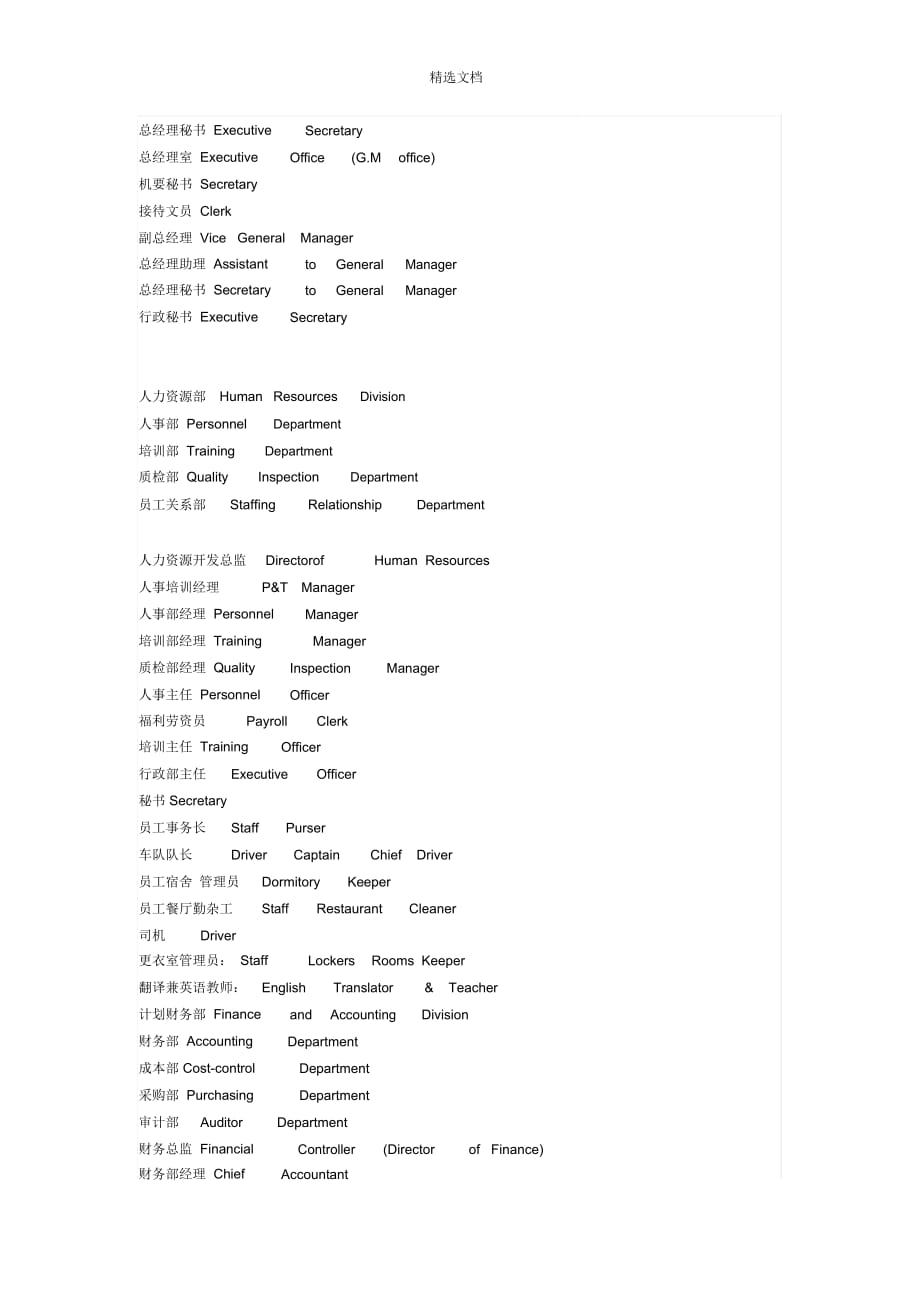 五星級酒店各部門職務英文簡寫