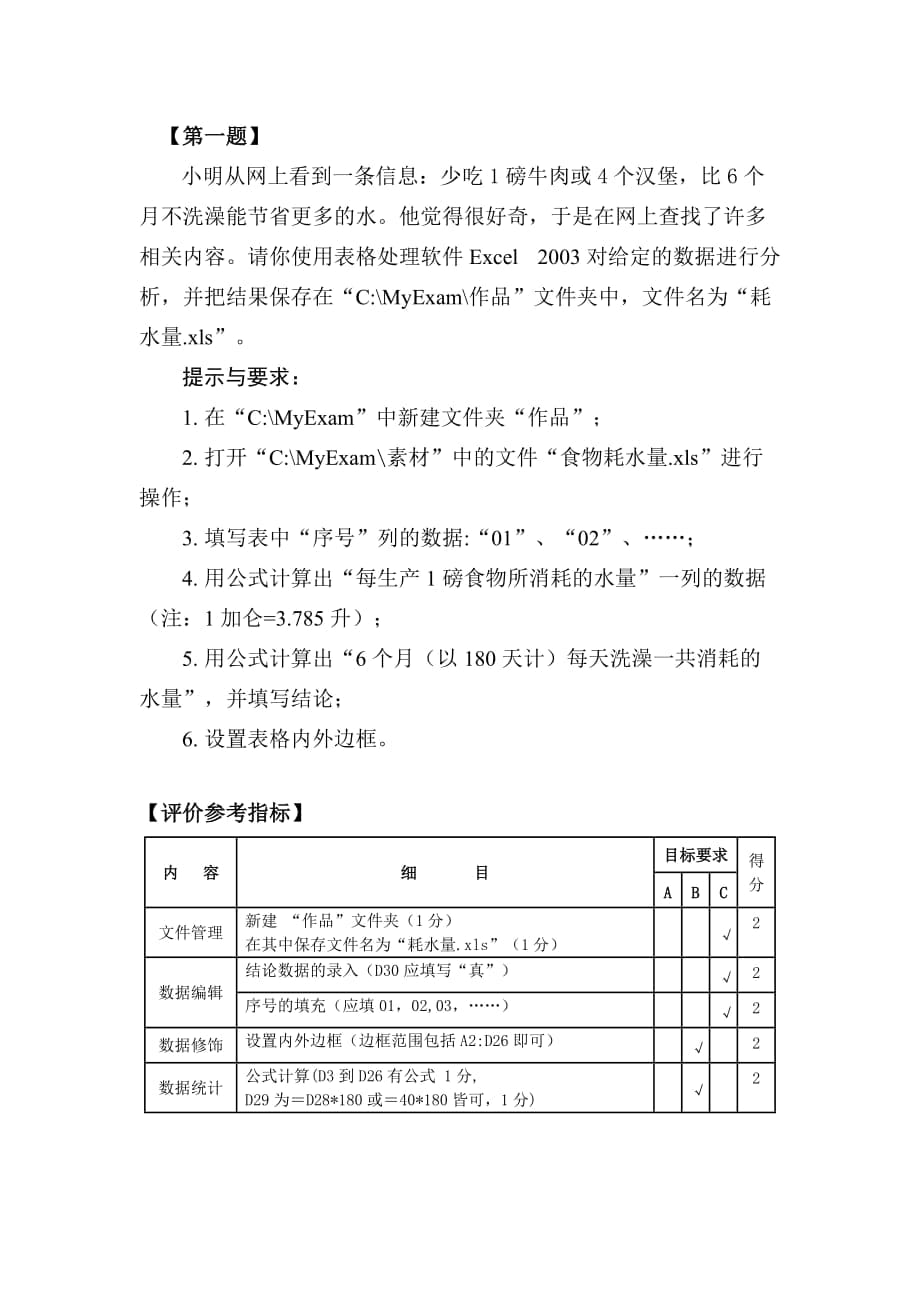 2015年中考息技术预测试题EXCEL操作题及评价指标——李大新_第1页