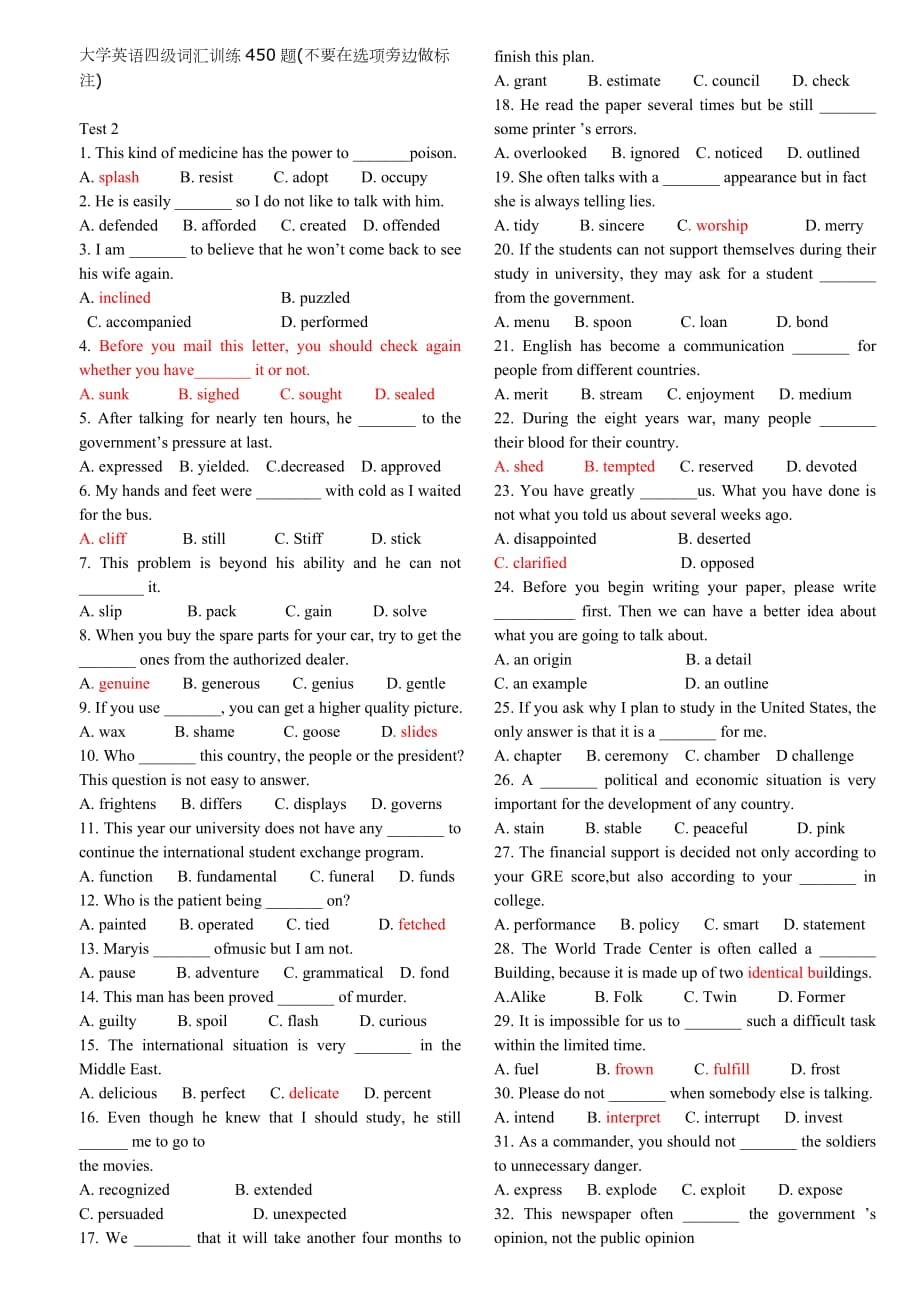 大学英语四级词汇单选全真训练450题_第1页