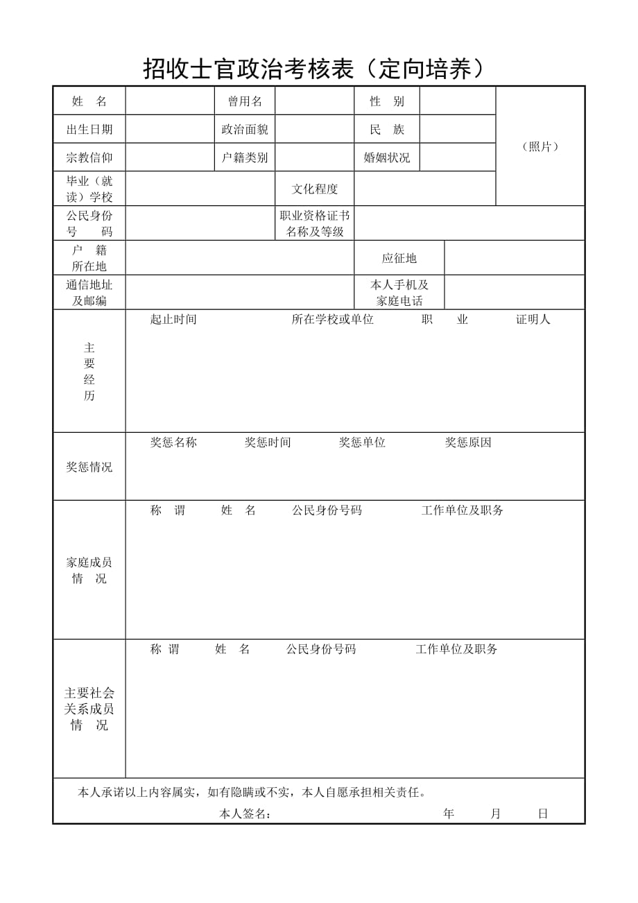 招收士官政治考核表（定向培養(yǎng)）【直接打印】_第1頁