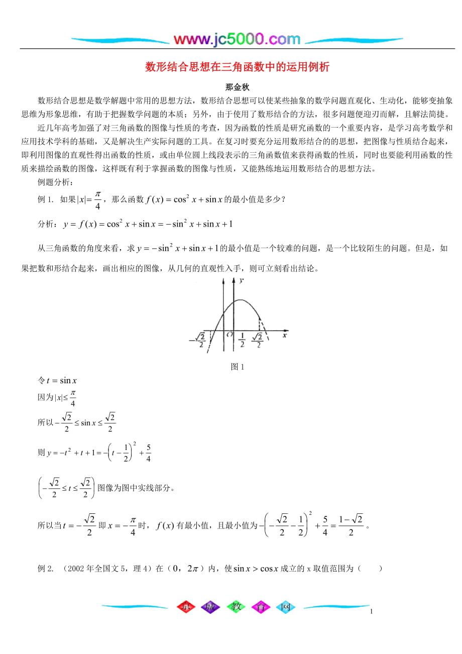 數(shù)形結合思想在三角函數(shù)中的運用例析 學法指導 不分版本_第1頁