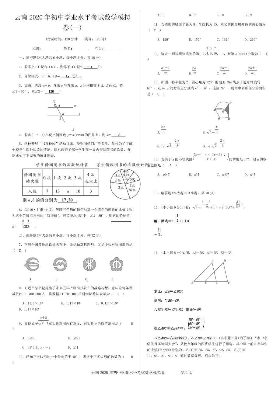 云南省2020年初中學(xué)業(yè)水平考試數(shù)學(xué)模擬試卷 含答案(1)_第1頁