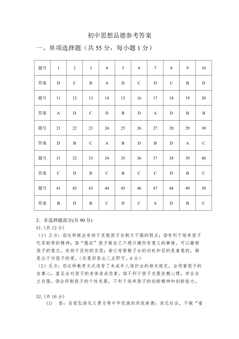 初中思想品德参考答案_第1页