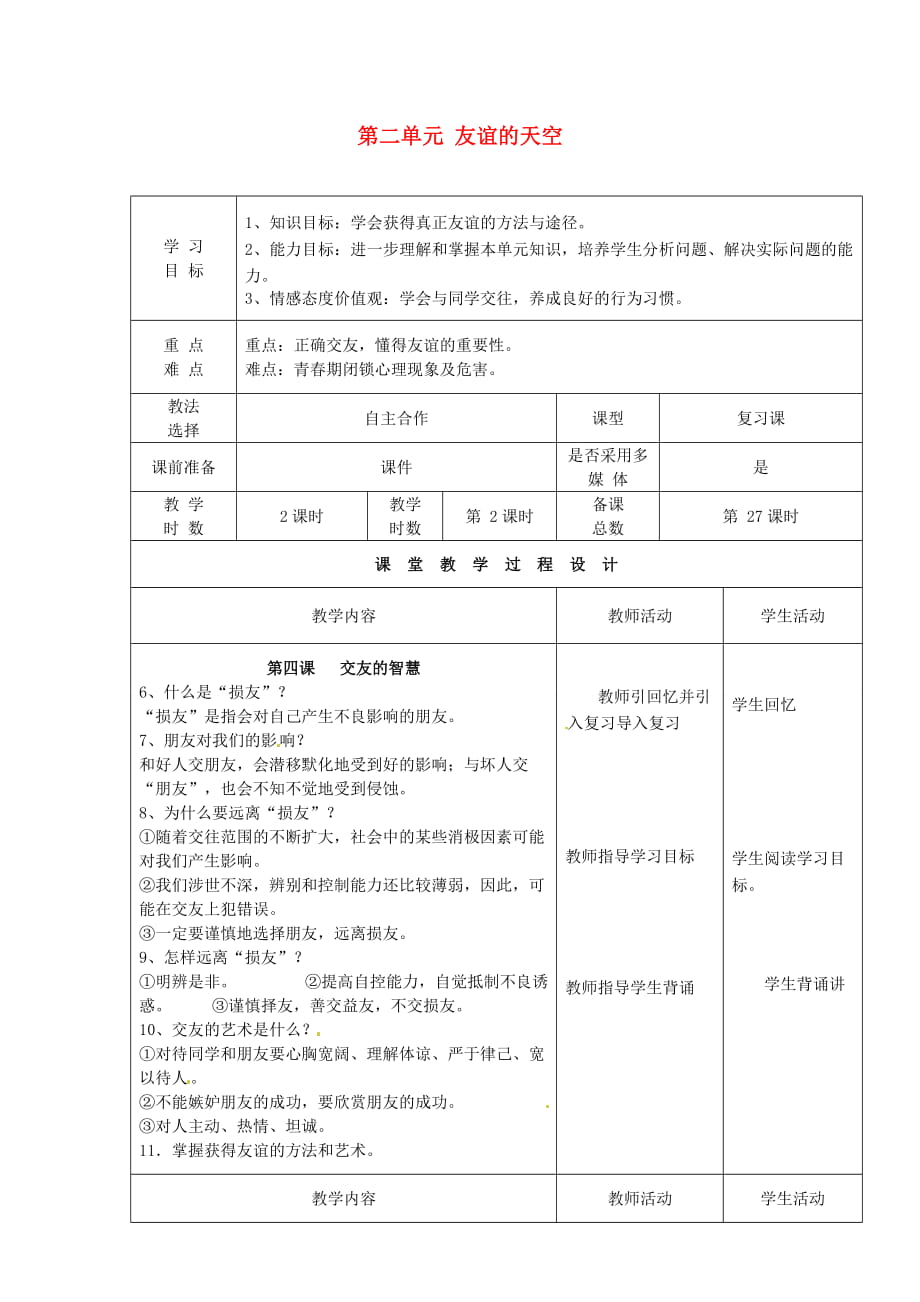 甘肃省瓜州县第二中学八年级政治上册第二单元友谊的天空复习学案（无答案）教科版_第1页