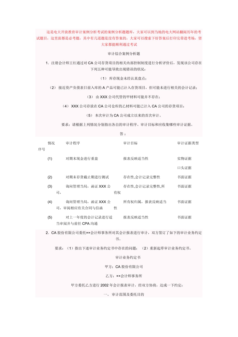 電大 審計(jì)案例分析 案例分析題庫(kù) 必考小抄_第1頁(yè)