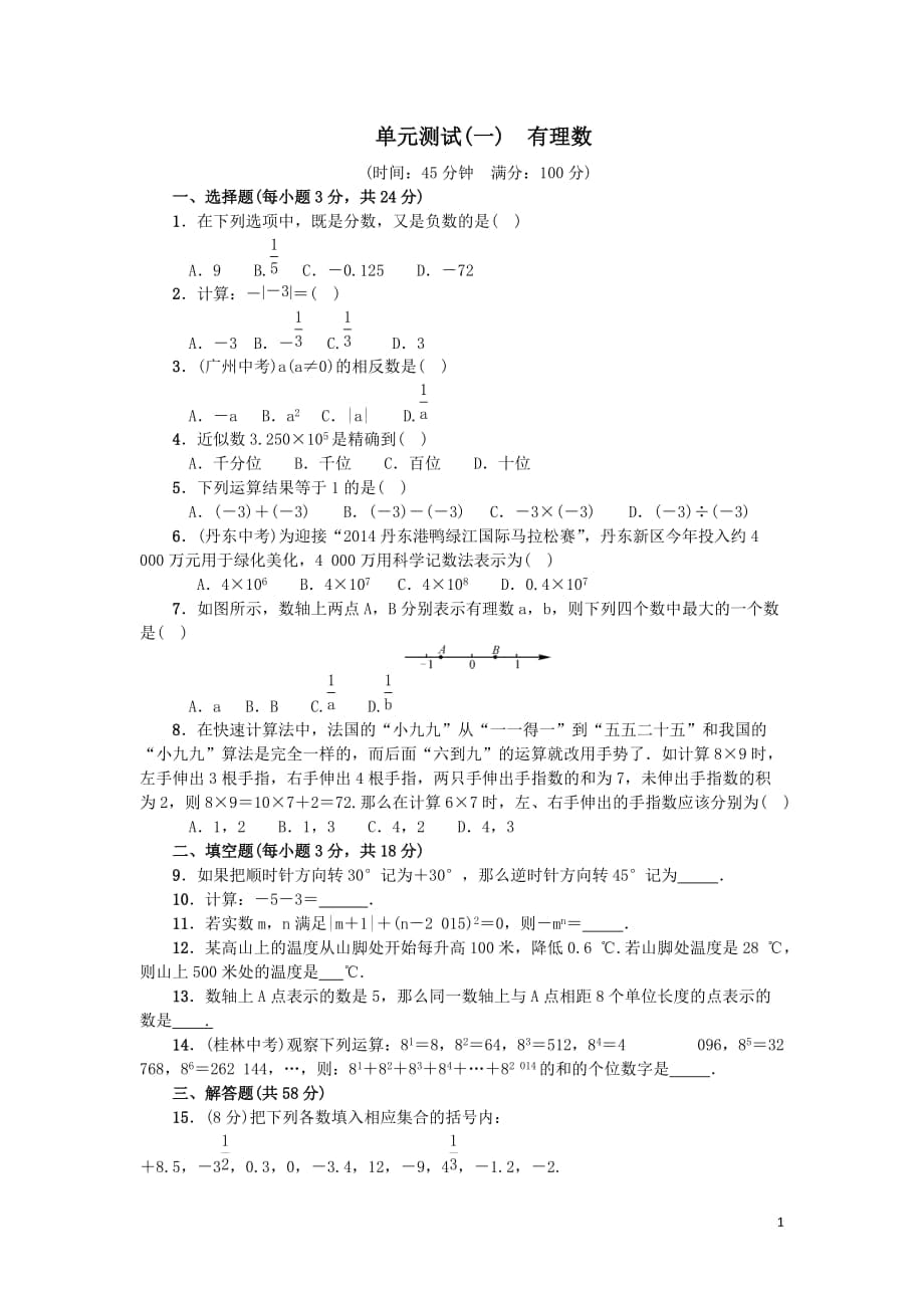 人教版数学七年级上册第一章有理数单元测试_第1页