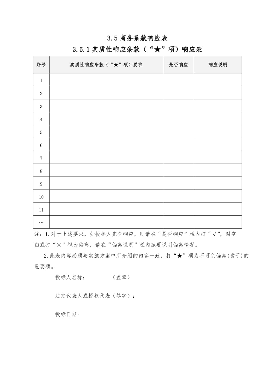 商务条款响应表【直接打印】_第1页