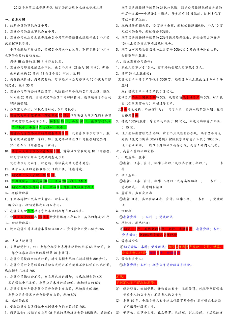 期貨從業(yè)資格考試 期貨法律法規(guī) 重點(diǎn)難點(diǎn)整理總結(jié)_第1頁(yè)