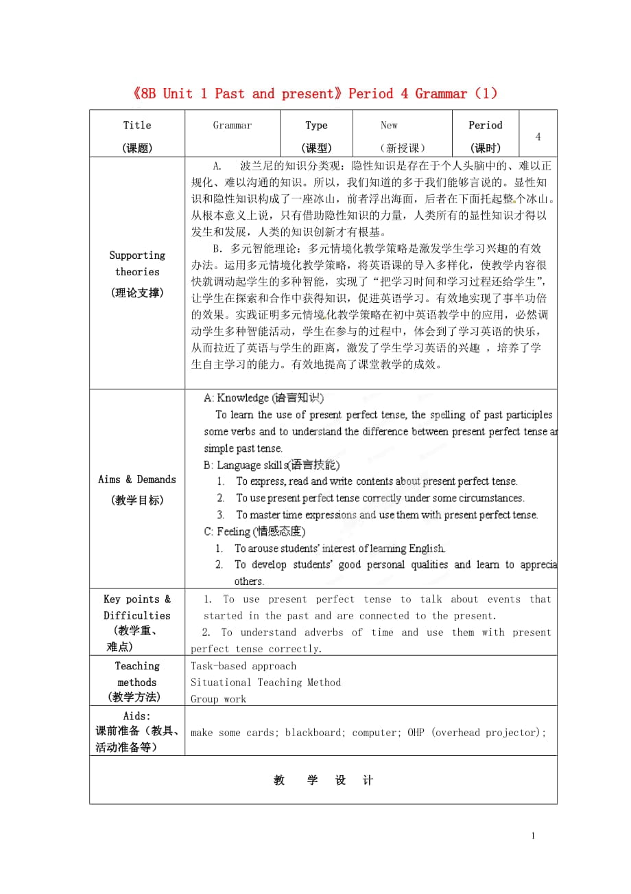 初級(jí)中學(xué)八年級(jí)英語下冊(cè)《8B Unit 1 Past and present》Period 4 Grammar（1）教案 牛津版_第1頁