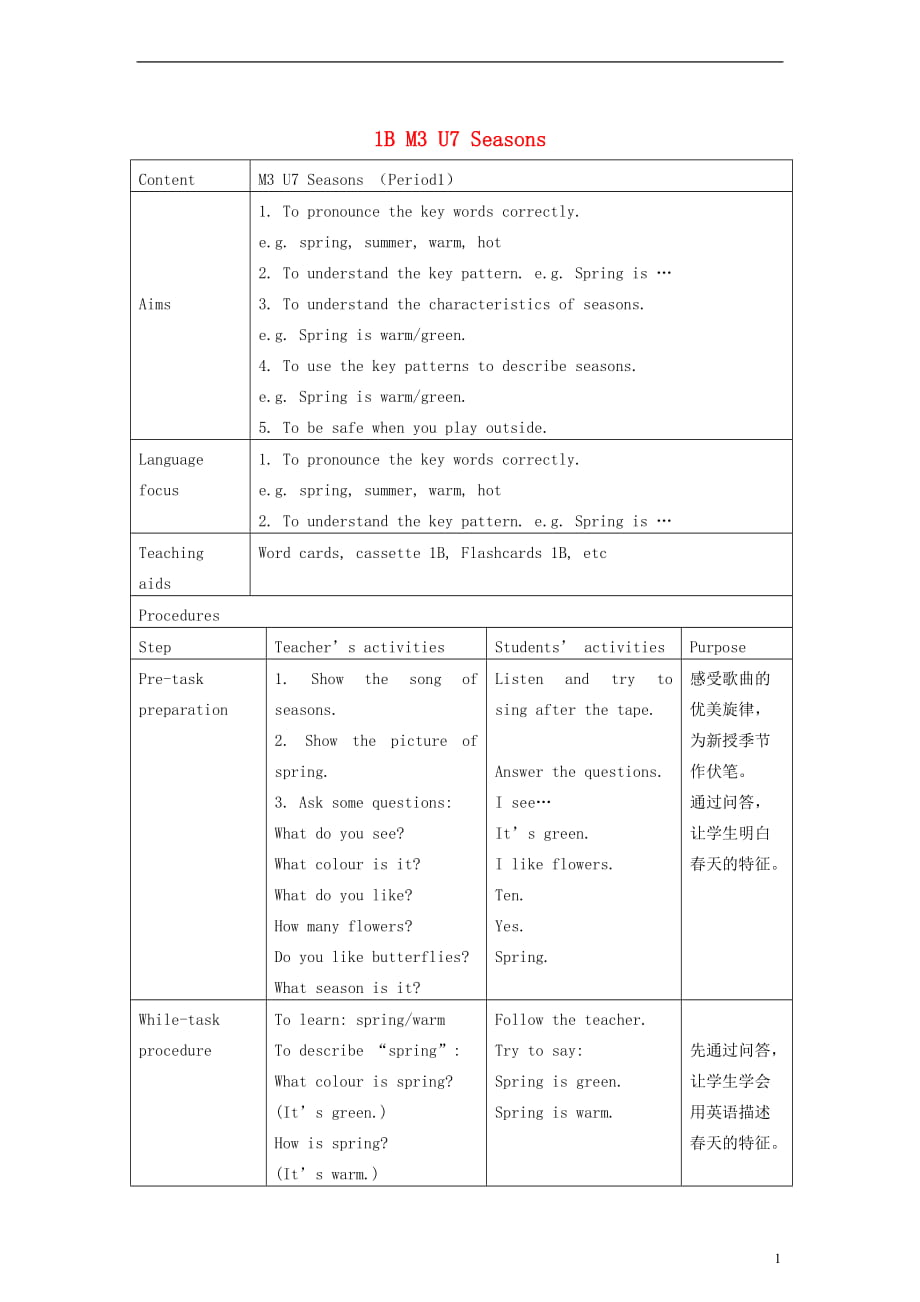 一年級(jí)英語(yǔ)下冊(cè) module3 unit7 seasons period1教案 （新版）滬教牛津版_第1頁(yè)