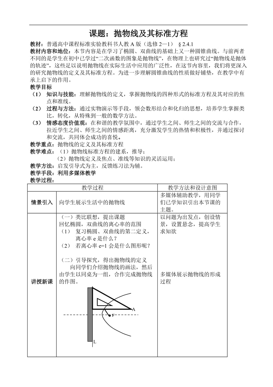 人教A版高中數(shù)學(xué)選修2—1《拋物線及其標(biāo)準(zhǔn)方程》說課稿_第1頁