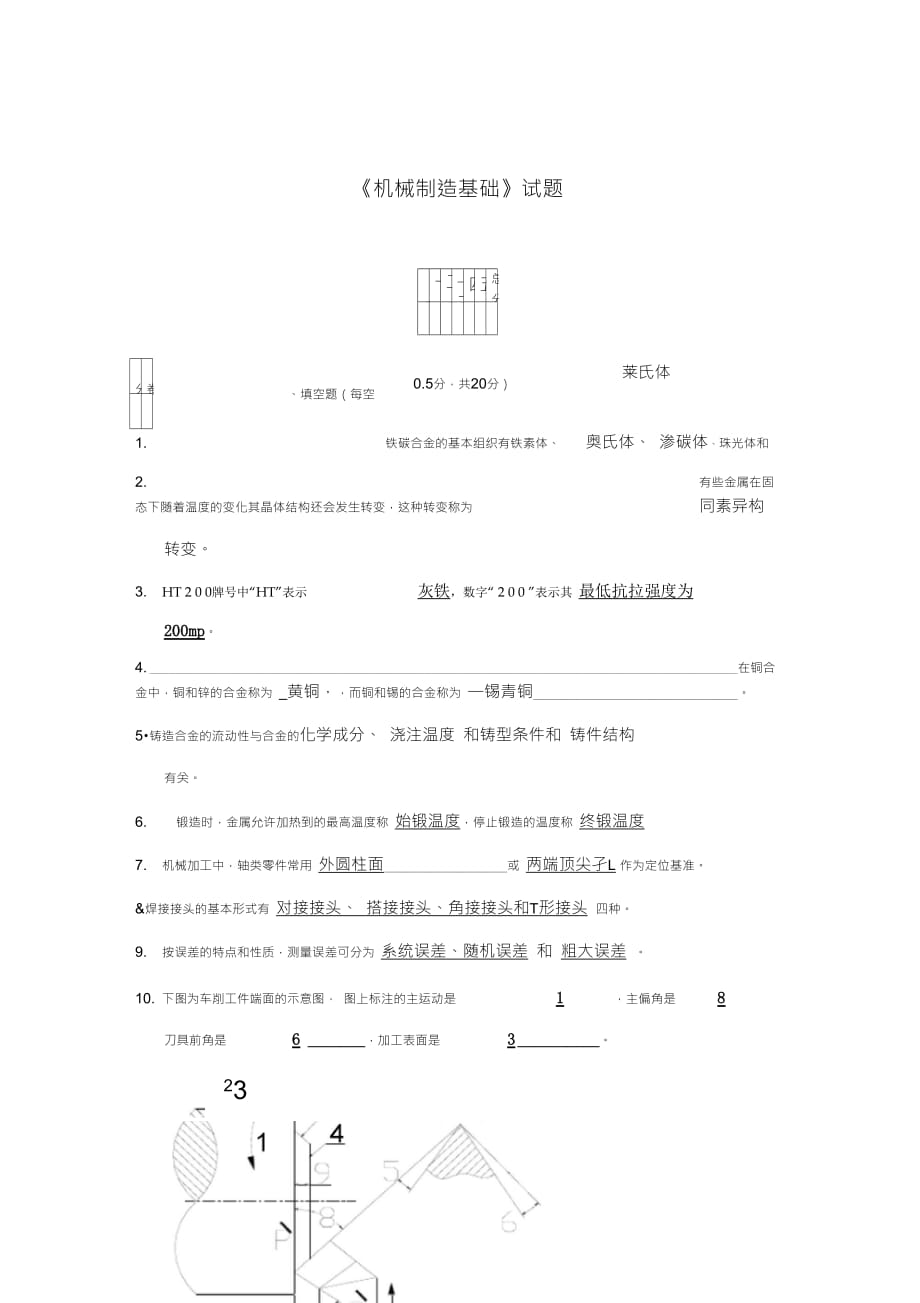 机械制造基础试题+正式答案_第1页