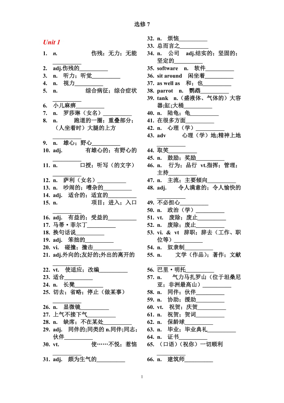 新課標(biāo)人教版高中英語(yǔ)選修7單詞(默寫(xiě)用)_第1頁(yè)