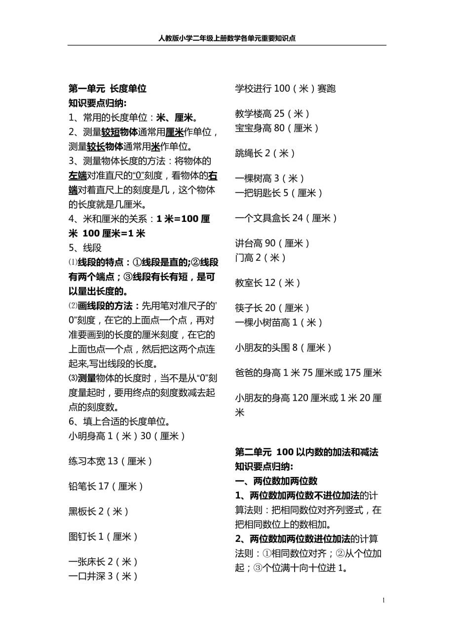 人教版小学二年级上册数学各单元重要知识点_第1页